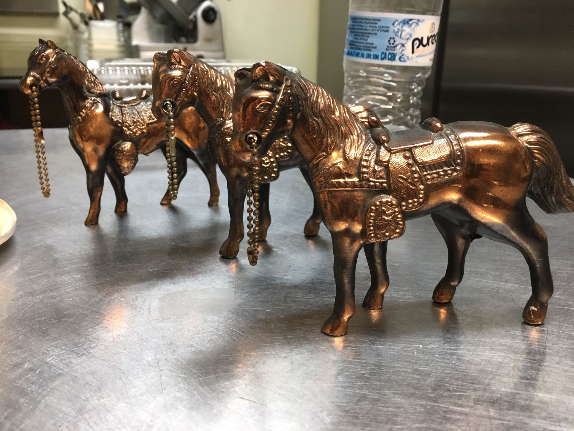 Lot of 3 Vintage Metal Horse Figure Statues Vintage Equestrian Copper Toned Western Saddle