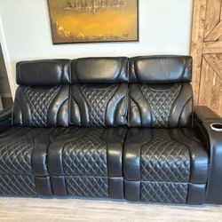 Power Reclining Black Leather Sofa & Loveseat with Heated Air Massage and Charging