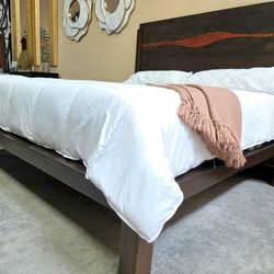 New Unique Relaxed Modern Solid Wood  Queen Bed accented with striking epoxy fills that mimic rivers flowing through rugged terrain!