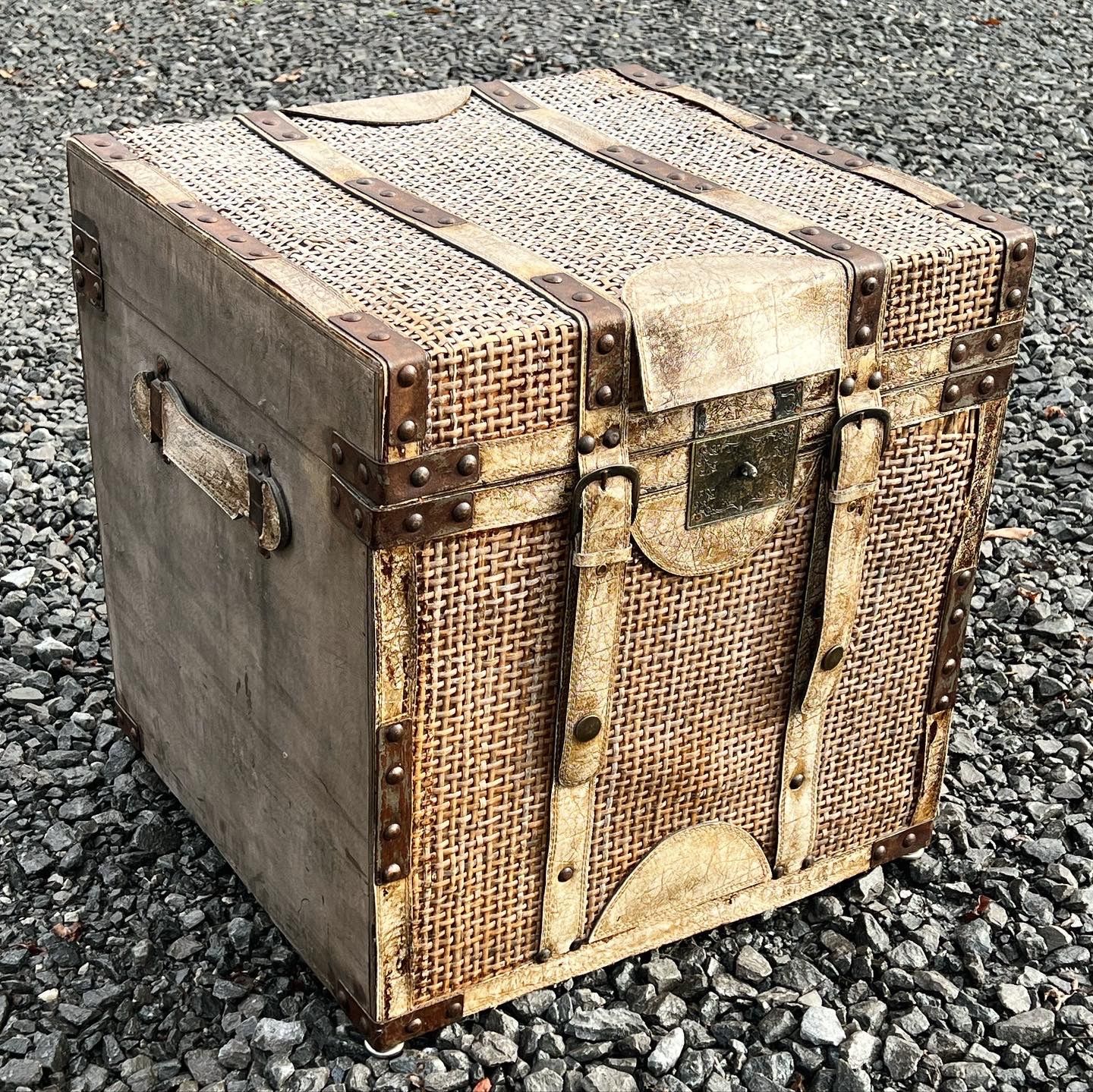 Vintage Tan Square Cane Wicker Webbing Storage Ottoman Cube - Accent Table