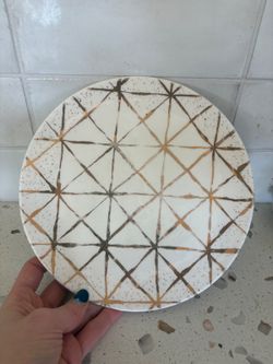 Anthropologie White Ceramic Plate with Gold Geometric Pattern