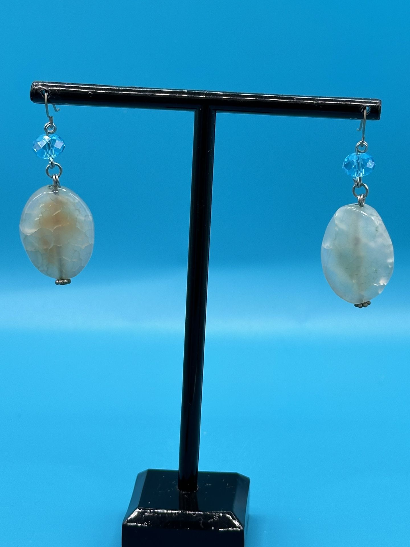 Jadeite Drop Oval Shaped Gemstone Earrings Cold Faceted Blue Glass Bead Good Condition 