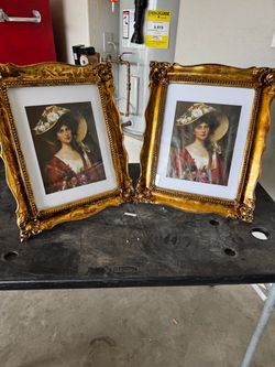 Ornate Gold Double Picture Frame with Victorian Portraits