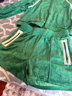 Green Velour Track Jacket and Shorts Set