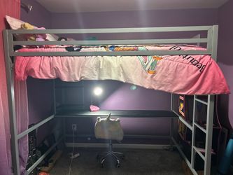 Silver Metal Loft Bed with Desk and Shelves