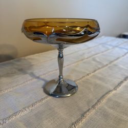 Art Deco Farber Brothers Amber Glass Compote With chrome Stand