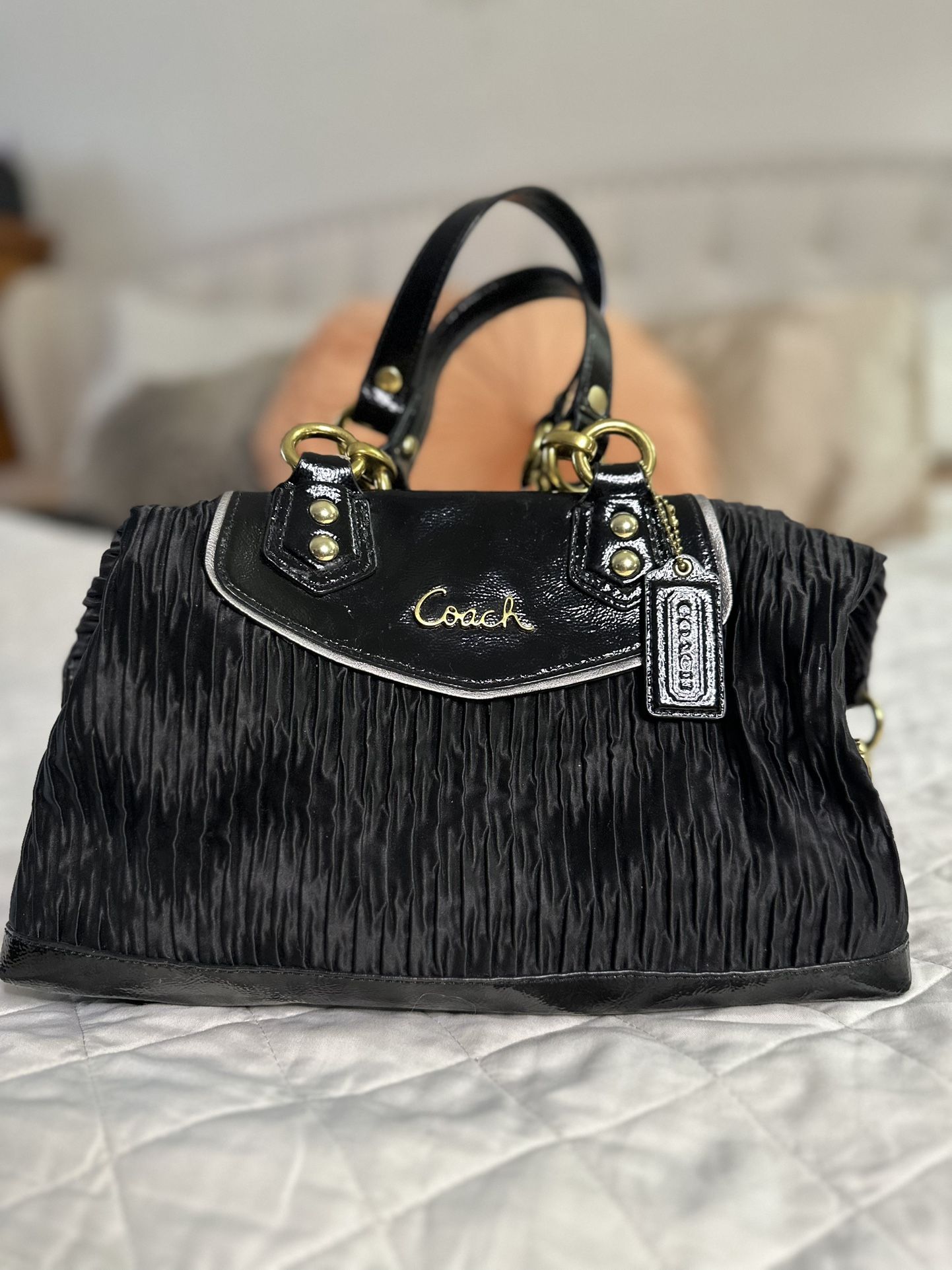 COACH Ashley Black Patent Leather & Gathered Satin Satchel Carryall Handbag