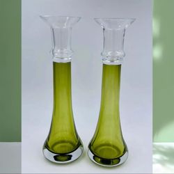 Tall MCM Hand Blown Emerald Green Glass Candlestick Holder Holders Pair 9.5x3