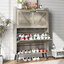Shoe Storage Cabinet for Entryway, Shoe Cabinet with 2 Flip Drawers, Narrow Shoe Cabinet, Hidden Shoe Rack Cabinet, Free Standing Wooden Shoe Organize