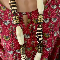 Vintage Chunky Giant Ceramic & Brass Beads Animal Print Statement Necklace 36”