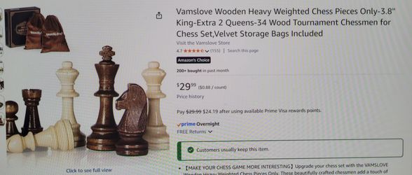 New! Vamslove Wooden Heavy Weighted Chess Pieces, With Extra Queen