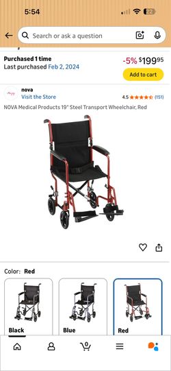 NOVA Medical Products 19" Steel Transport Wheelchair, Red