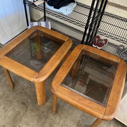 set of 2 small glass top wood tables 