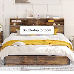 New in Box King Size Bed Frame with Bookcase Headboard and Charging Station, Sturdy and No Noise Platform Bed, No Box Spring Needed, Easy Assembly, Vi