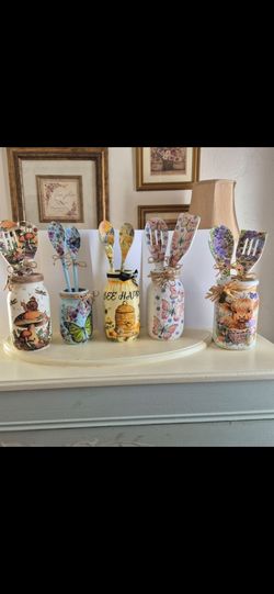 Decoupage Mason Jar and Utensil Sets, bugs,butterflies, and bees