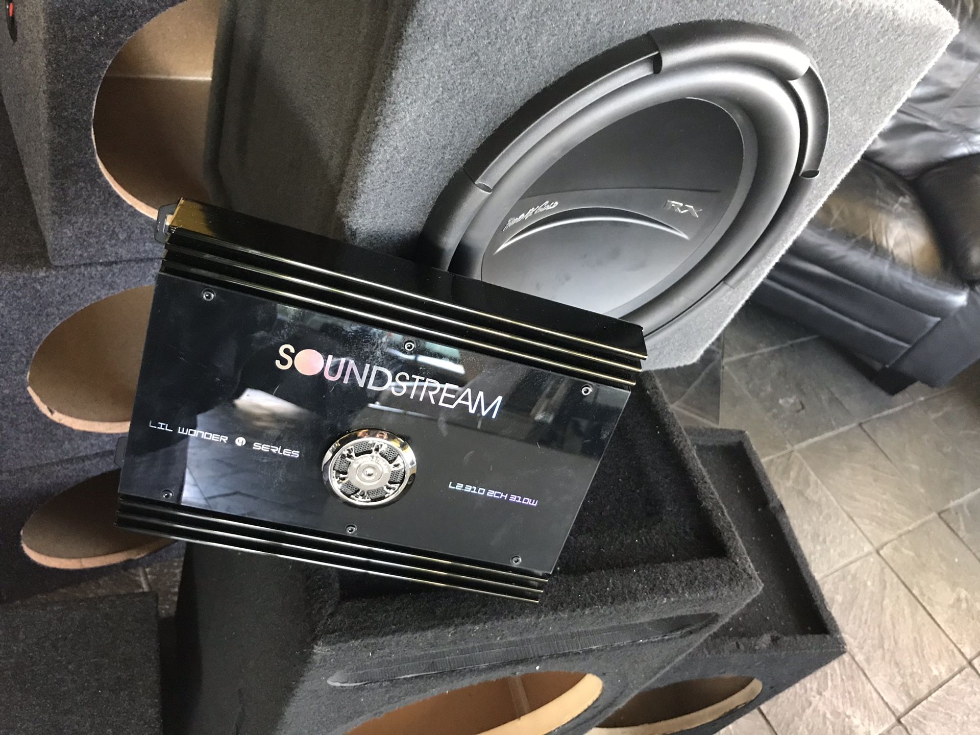 Car audio bundle 12” subwoofer Phoenix gold with box and soundstream amplifier great sound great deal. Finance available 100 days to pay