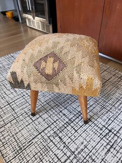 Kilim Upholstered Footstool with Wood Legs