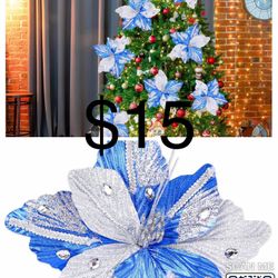 6 Pcs Vintage Silver And Blue Christmas Tree Decorations, 9" Large Artificial Christmas Flowers With Gem Glitter, Elegant Poinsettia Tree Flowers, Xma