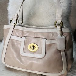 Coach Cricket Satchel Purse in putty and white leather,