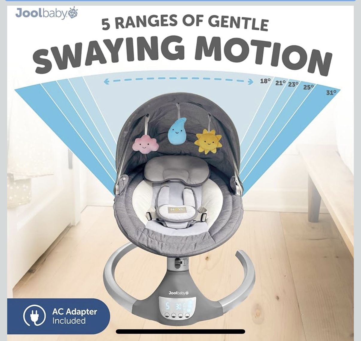 Jool Baby Nova Swing for Newborns - Electric Motorized Infant Swing, Bluetooth Music, 10 Preset Melodies, Remote (Updated Model, Gray)