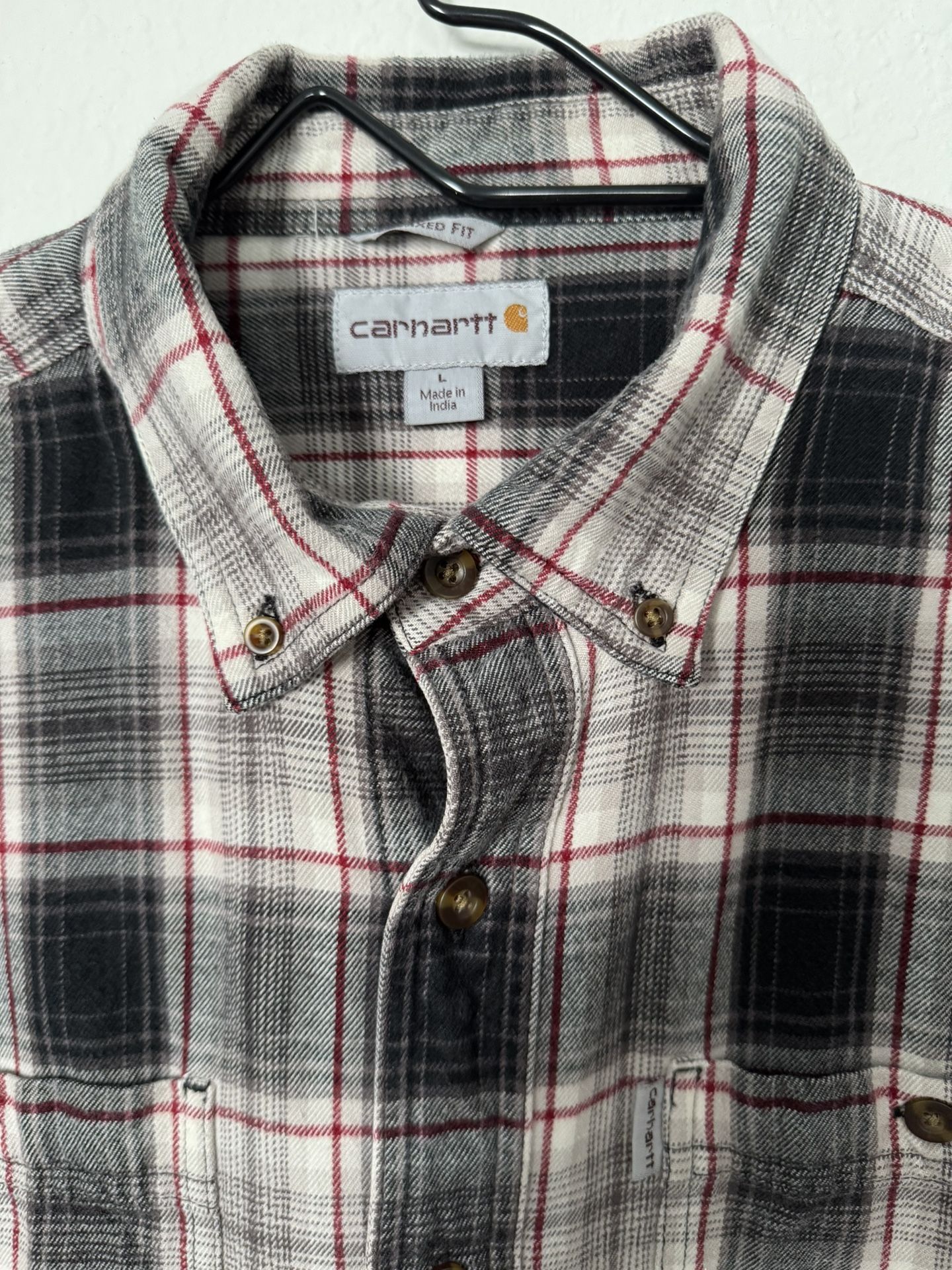 Carhartt Flannel Shirt Mens L Red Black Plaid Hubbard Button Up Long Sleeve