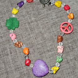 Handmade Rainbow Pastel Beaded Necklace Some Glass Beads Heart Peace