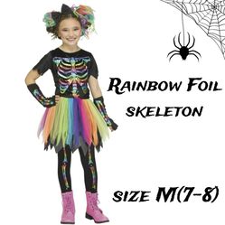 Girl's Rainbow Foil Skeleton 💀🌈 Halloween Costume Size  M 7-8 -NEW
