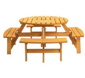Assembled New 8 Person Wood Picnic Table Round Tabletop with Umbrella Hole 4 Built-in Curved Benches