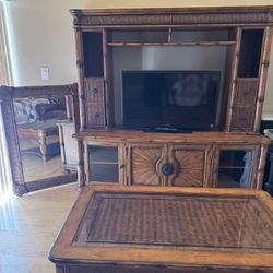 Tommy Bahama Style Furniture Light Wood 5 Piece Set Wall Unit Coffee Table Large Mirror Console Table 