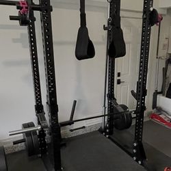 ROGUE RM-390F FLAT FOOT MONSTER RACK 2.0 w/  safety straps, sandwich J-cups, Monster Matador Dip station, plate storage pins/ horns (12” and 6”), MINT