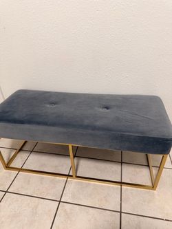 Gray Velvet Tufted Bench with Gold Metal Base