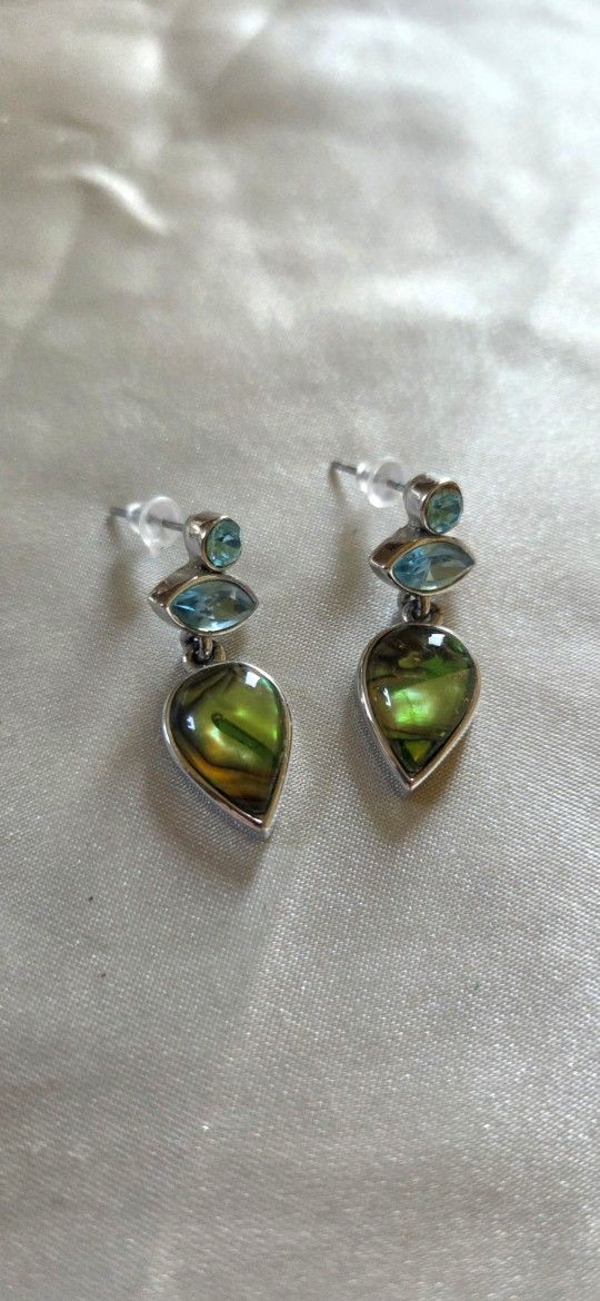 Unique Silver-Toned Dangle Earrings with Iridescent Green & Blue Stones