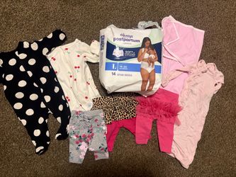 Newborn baby clothes bundle & Always postpartum underwear