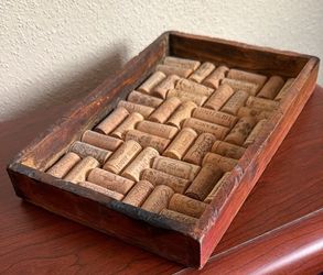Rustic Wood Tray with Wine Cork Decor