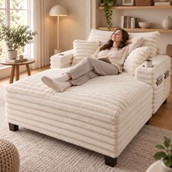 Amsleekey 64" Oversized Chaise Lounge Chair Indoor, Plush Corduroy Upholstered Sofa Bed with 4 Storage Pockets, 2 Cup Holders & Pillows for Living Roo