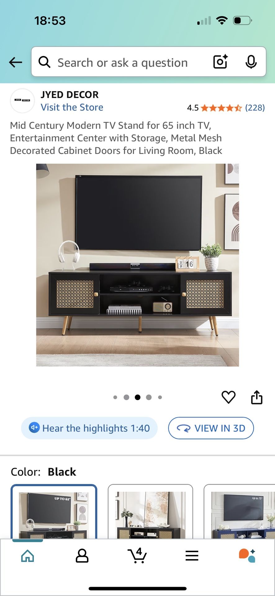 Mid Century Modern TV Stand for 65 inch TV, Entertainment Center with Storage, Metal Mesh Decorated Cabinet Doors for Living Room, Black