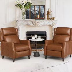 Lange 28 in. W Camel Genuine Leather Nailhead Trim Recliner Chair Arm Chair with Wooden Legs (Set of 2)
