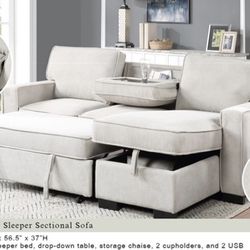 Beige Sleeper Sectional, Storage Chaise, USB, Drop Console