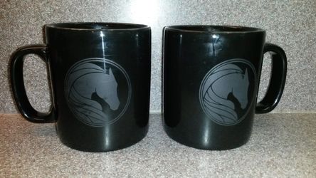 Vintage Kiln Craft Staffordshire England black pottery mugs horse unicorn