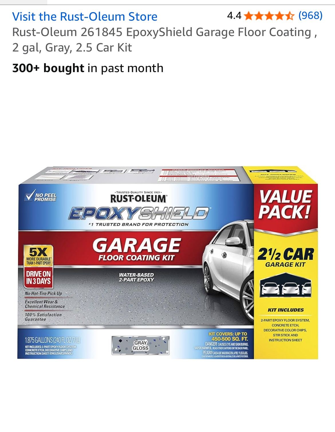 Rust-Oleum 261845 EpoxyShield Garage Floor Coating , 2 gal, Gray, 2.5 Car Kit