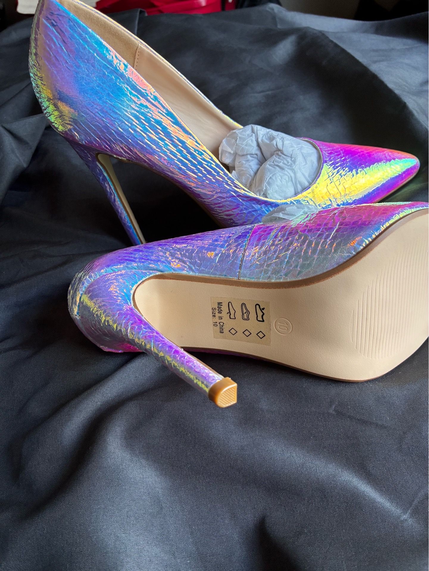 iridescent pointed toe stiletto heels