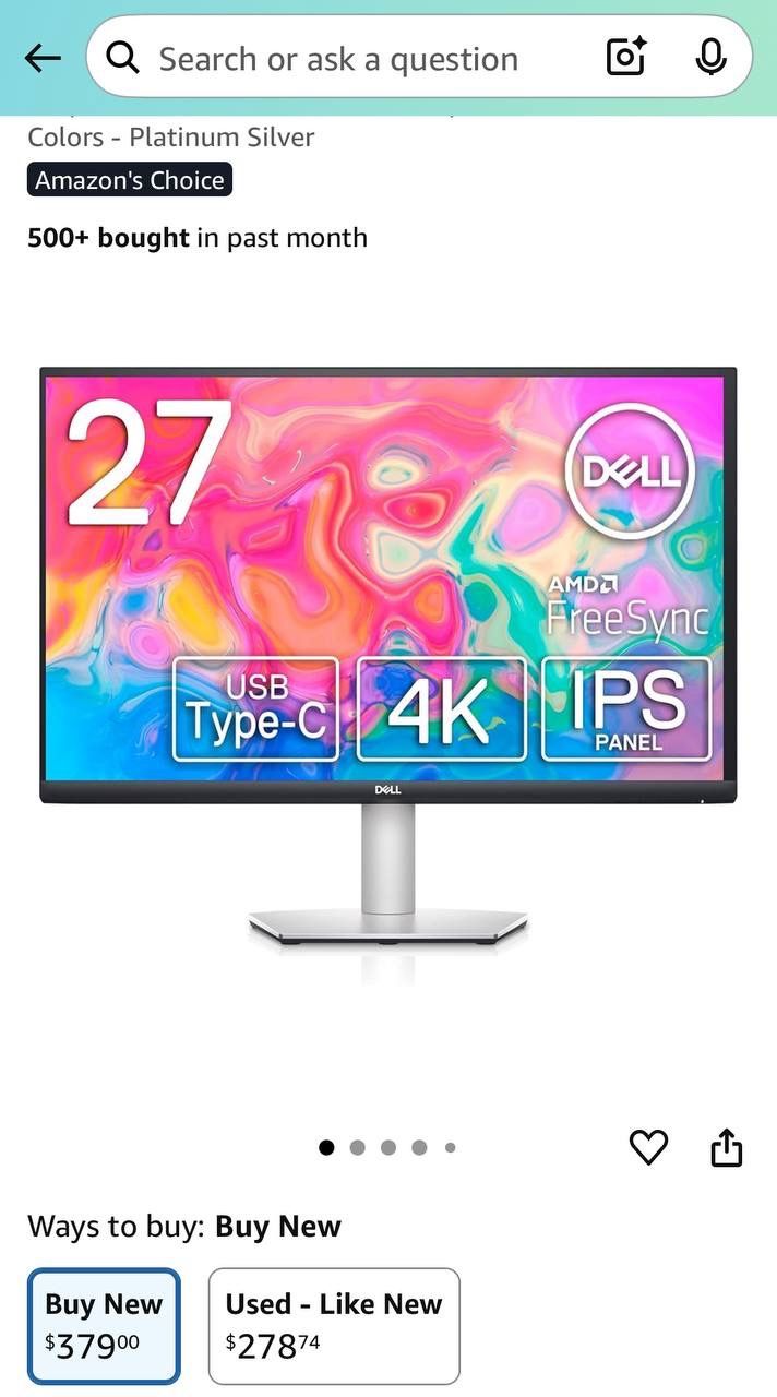 Dell S2722QC Monitor - 27 inch 4K USB-C , UHD (3840 x 2160) Display, 60Hz Refresh Rate