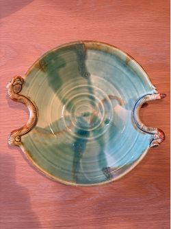 Handmade Studio Pottery Serving Bowl – Signed – Green Drip Glaze with Sculpted Handles