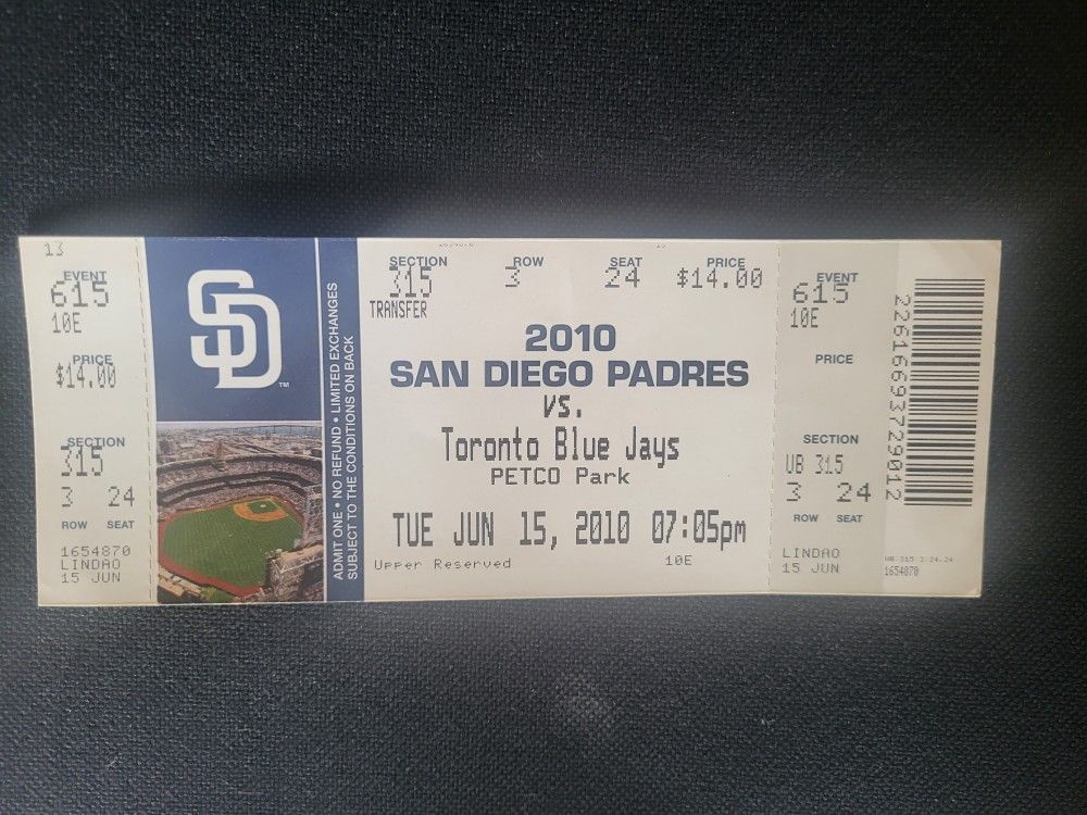 San Diego Padres vs. Toronto Bluejays 2010 ticket stub