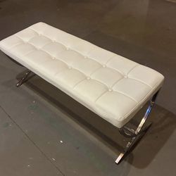 Modern White Tufted Leather Bench w/ Chrome Legs – Entryway / Bedroom