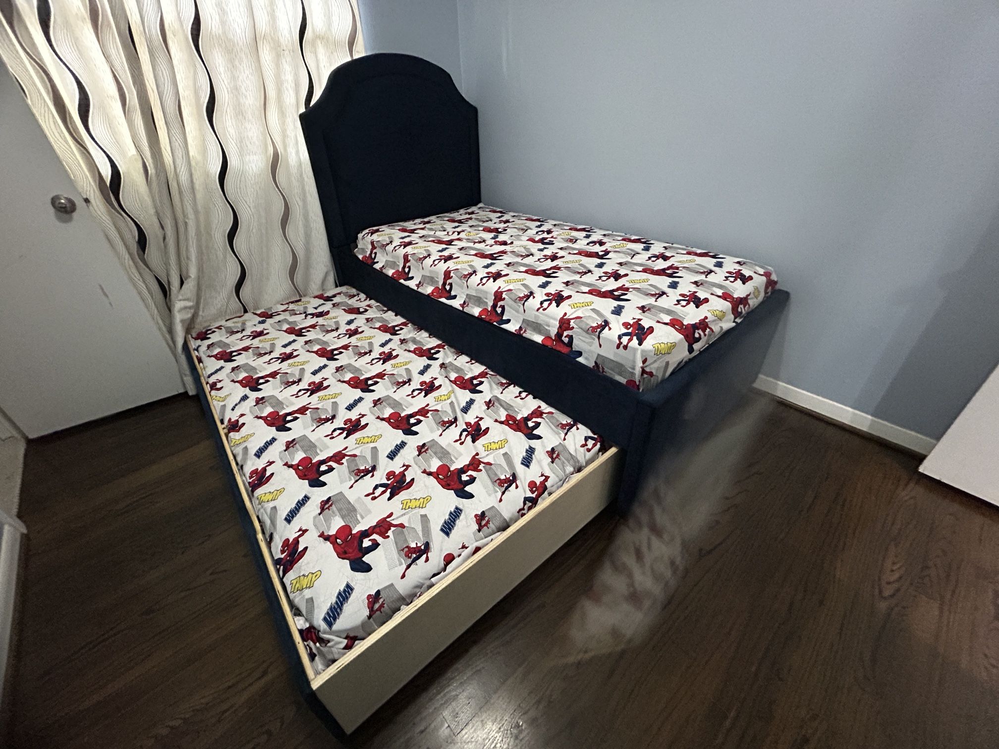 Double Twin Beds W/ Trundle, Mattress Included. Free Bedding
