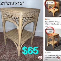 $65 Vintage 70s Wicker Side Table/Stool 21” Tall by 13” in mint condition. 2 available both for $100