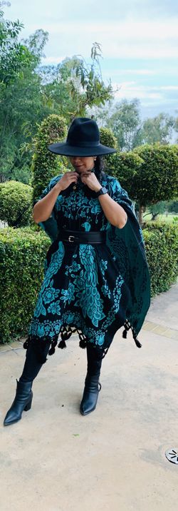 Elegant below the knee shawl poncho teal blue