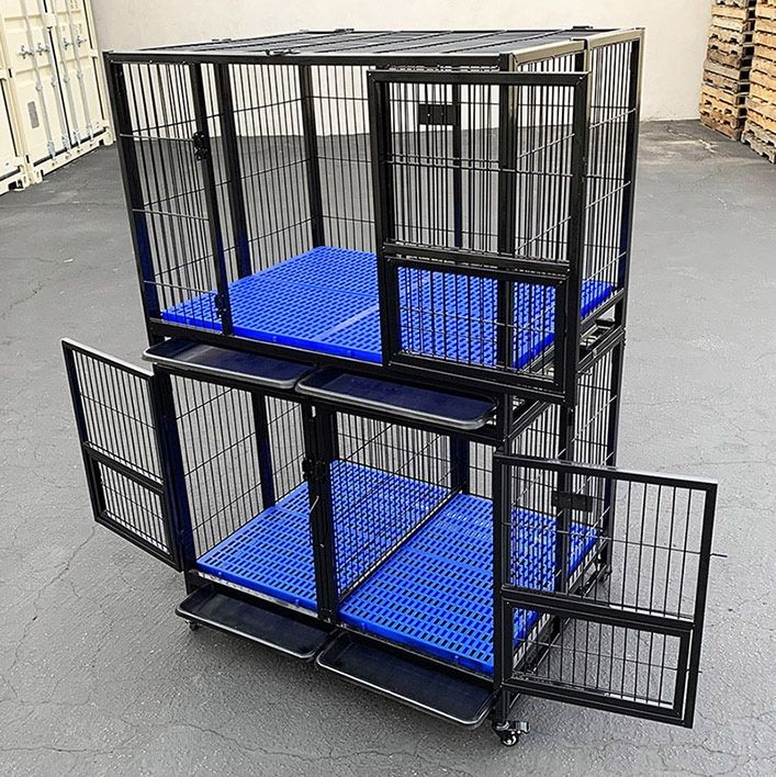 (Brand New) $370 Stacking Dog Cage (Set of 2) Heavy Duty 41x31x65” Crate Kennel w/ Plastic Tray, Wheels 