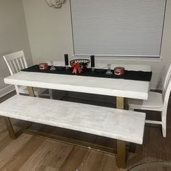 Dining table Set White Gold With Bench And Chairs 